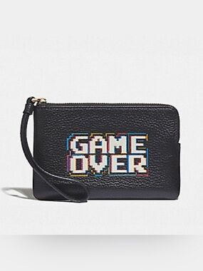 Coach x Pac-Man Game Over Black Pebbled Leather Wristlet NWOT